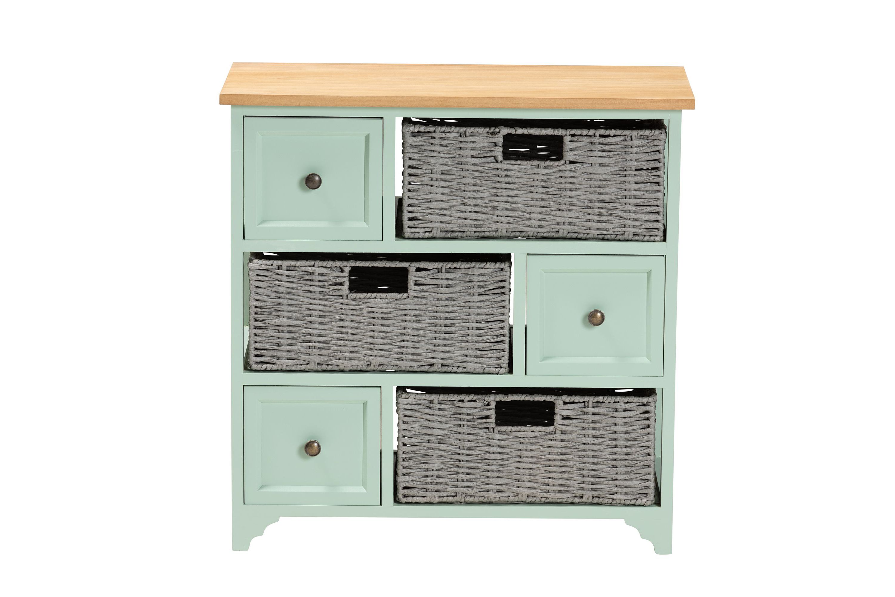 Valtina Modern and Contemporary Two-Tone Oak Brown and Mint Green Finished Wood 3-Drawer Storage Unit with Baskets