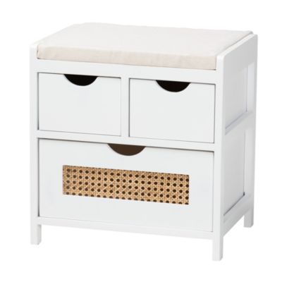 Bastian Modern and Contemporary Light Beige Fabric and White Finished Wood 3-Drawer Storage Trunks and Benches with Natural Rattan