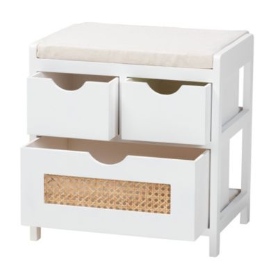 Bastian Modern and Contemporary Light Beige Fabric and White Finished Wood 3-Drawer Storage Trunks and Benches with Natural Rattan