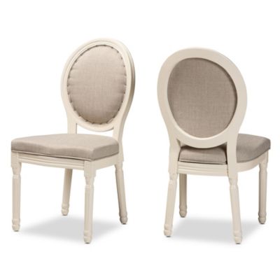 Louis Traditional French Inspired Grey Fabric Upholstered and White Finished Wood Dining Chairs