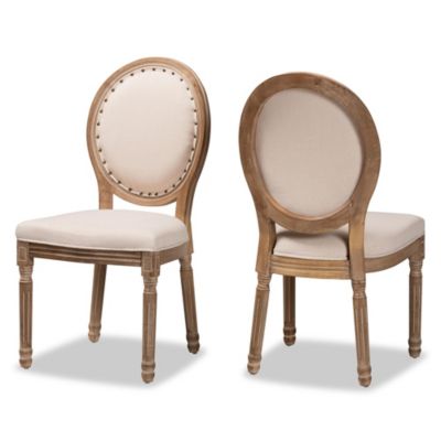 Louis Traditional French Inspired Beige Fabric Upholstered and Antique Brown Finished Wood Dining Chairs