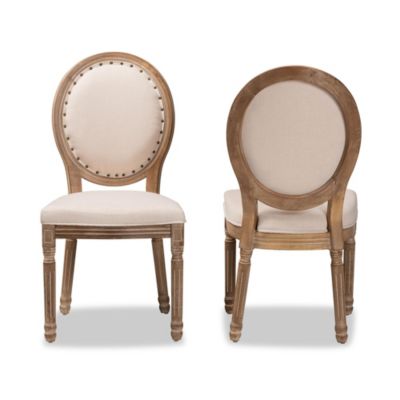 Louis Traditional French Inspired Beige Fabric Upholstered and Antique Brown Finished Wood Dining Chairs