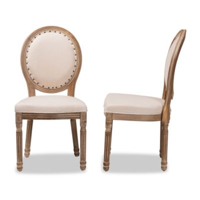 Louis Traditional French Inspired Beige Fabric Upholstered and Antique Brown Finished Wood Dining Chairs