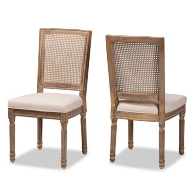 Louane Traditional French Inspired Beige Fabric Upholstered and Antique Brown Finished Wood Dining Chairs with Rattan