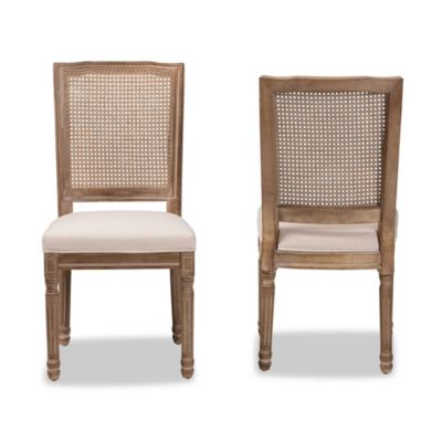 Louane Traditional French Inspired Beige Fabric Upholstered and Antique Brown Finished Wood Dining Chairs with Rattan