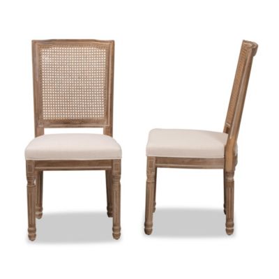 Louane Traditional French Inspired Beige Fabric Upholstered and Antique Brown Finished Wood Dining Chairs with Rattan