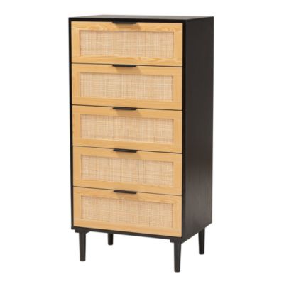 Maureen Mid-Century Modern Espresso Brown Wood and Rattan 5-Drawer Storage Cabinet