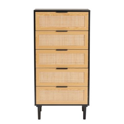 Maureen Mid-Century Modern Espresso Brown Wood and Rattan 5-Drawer Storage Cabinet