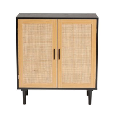 Maureen Mid-Century Modern Espresso Brown Wood and Rattan 2-Door Storage Cabinet