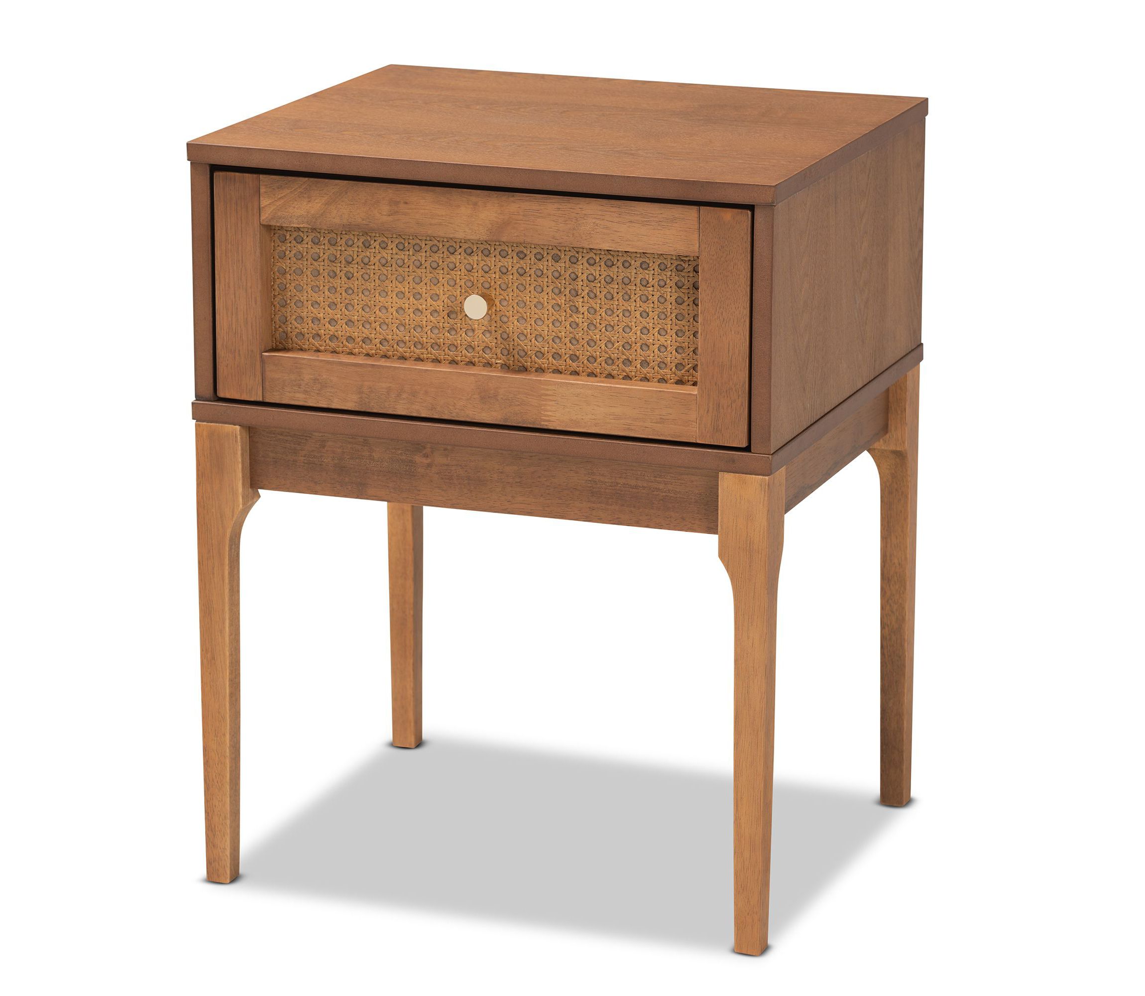 Ramiel Mid-Century Modern Ash Walnut Finished Wood and Rattan 1-Drawer Nightstand