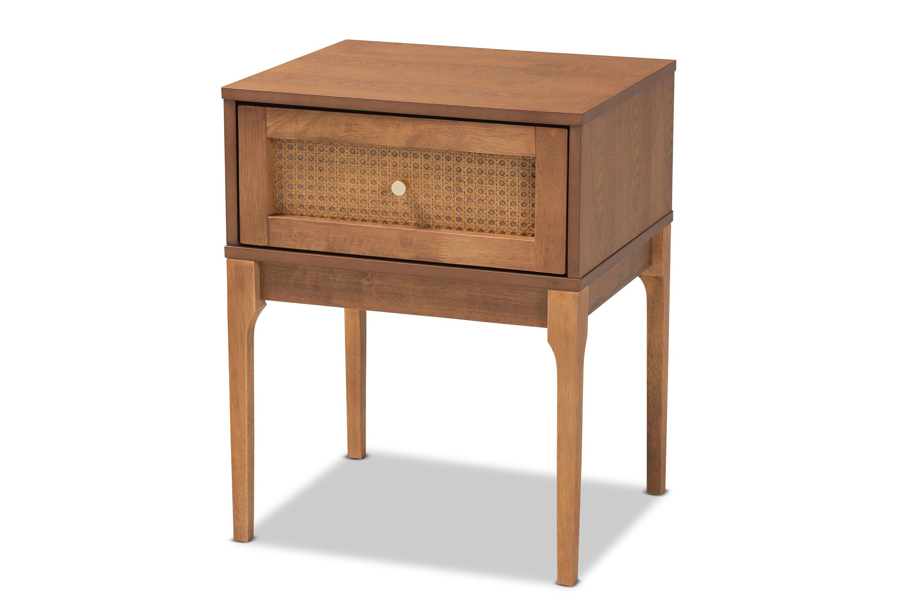 Ramiel Mid-Century Modern Ash Walnut Finished Wood and Rattan 1-Drawer Nightstand
