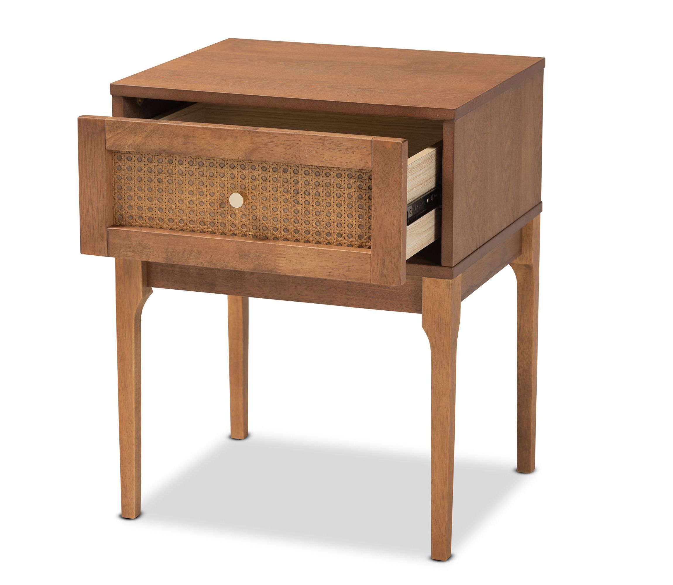 Ramiel Mid-Century Modern Ash Walnut Finished Wood and Rattan 1-Drawer Nightstand