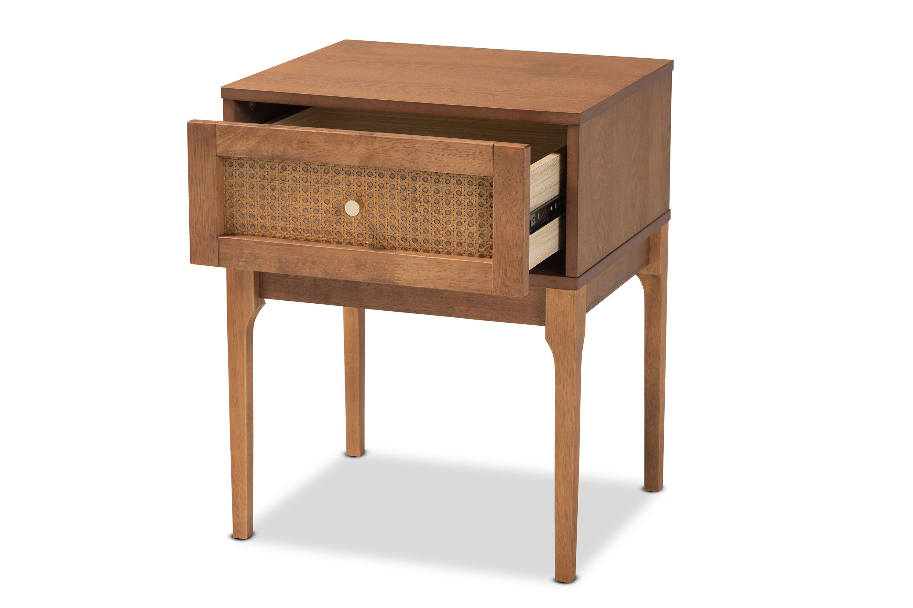 Ramiel Mid-Century Modern Ash Walnut Finished Wood and Rattan 1-Drawer Nightstand