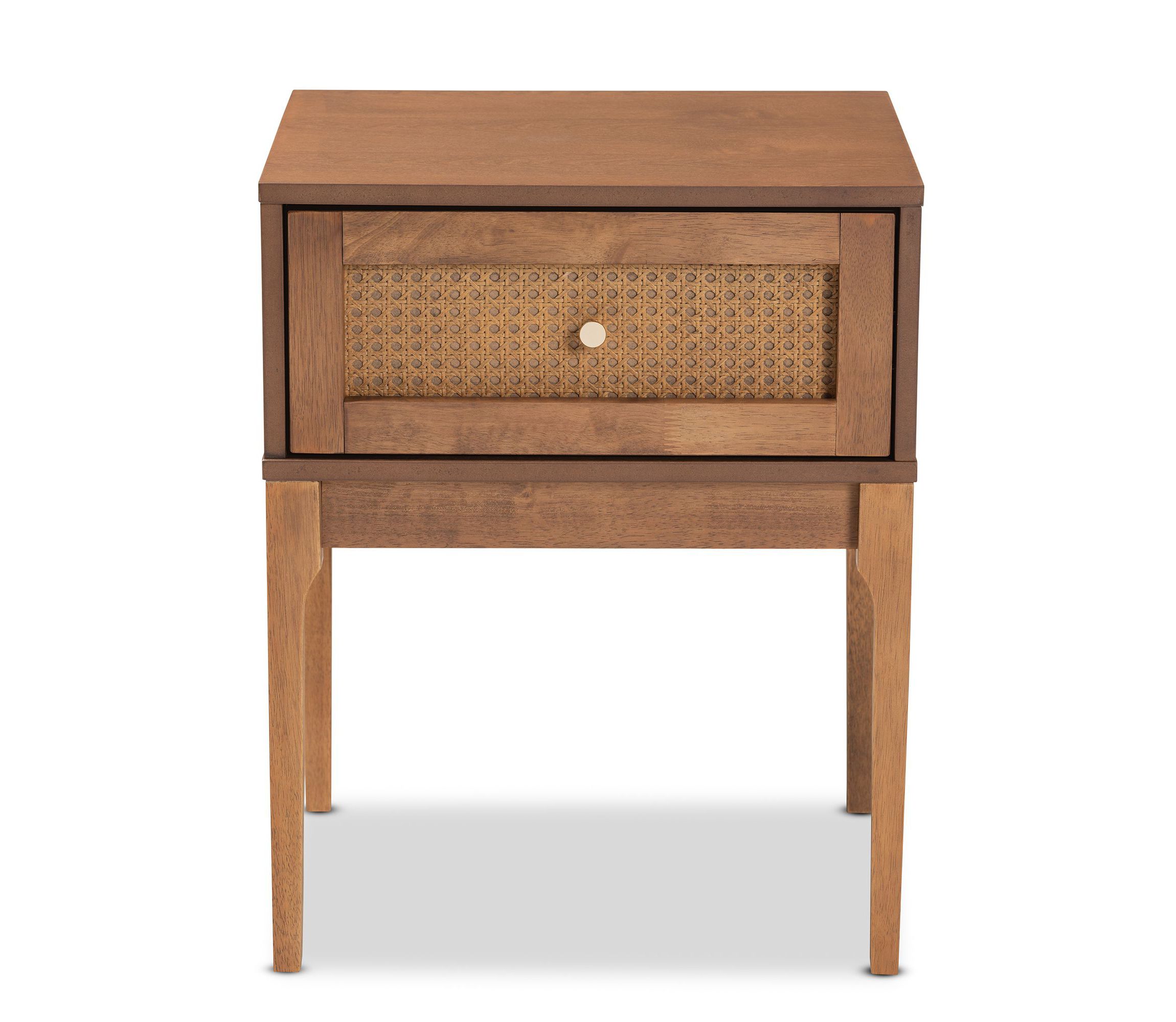 Ramiel Mid-Century Modern Ash Walnut Finished Wood and Rattan 1-Drawer Nightstand