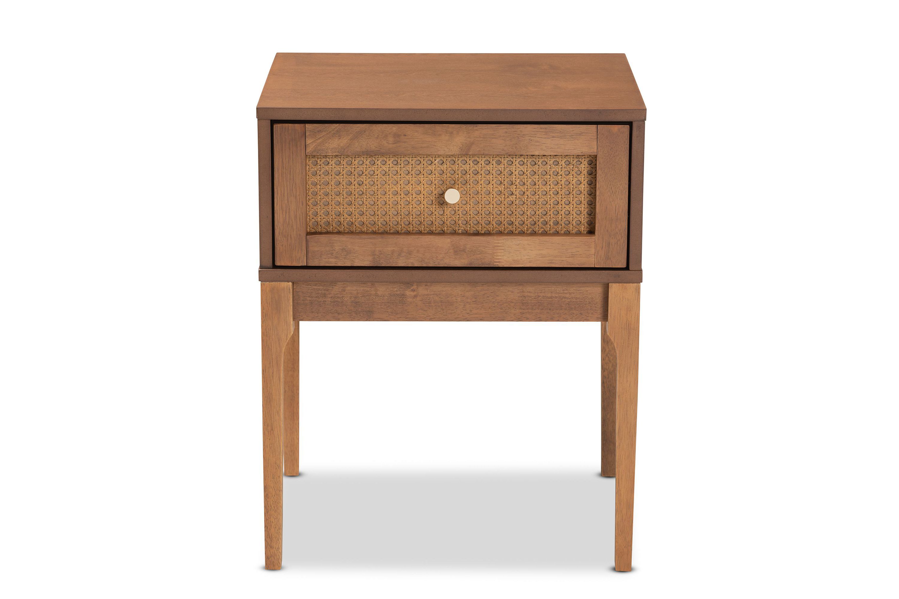 Ramiel Mid-Century Modern Ash Walnut Finished Wood and Rattan 1-Drawer Nightstand