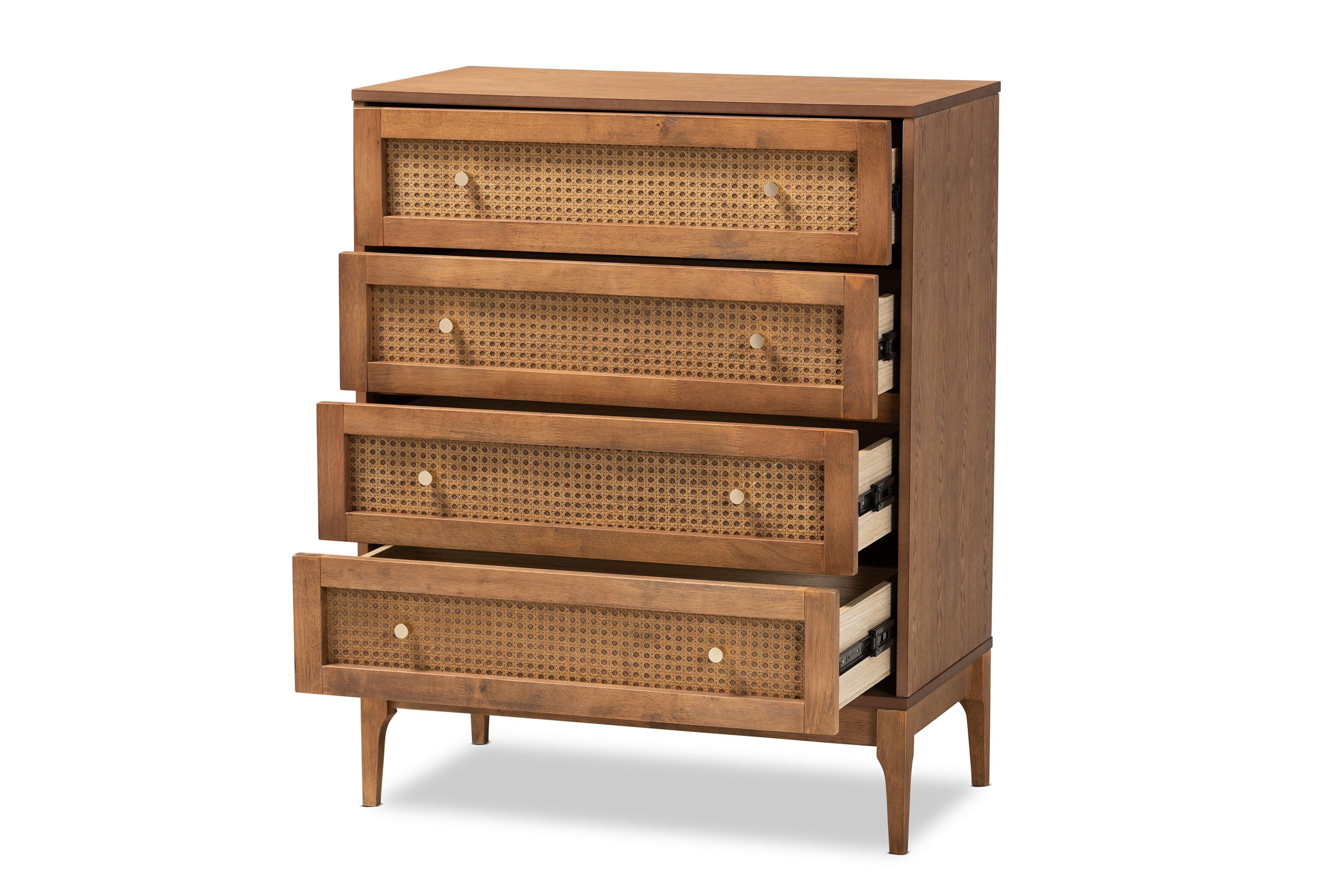 Ramiel Mid-Century Modern Ash Walnut Finished Wood and Rattan 4-Drawer Chest