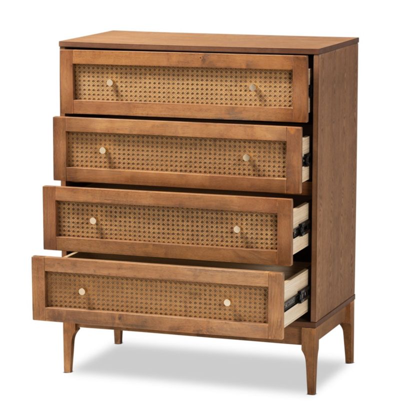Ramiel Mid-Century Modern Ash Walnut Finished Wood and Rattan 4-Drawer Chest