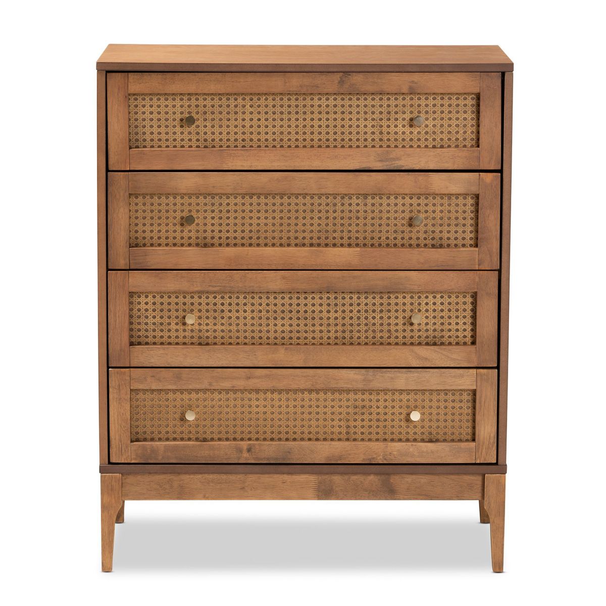 Ramiel Mid-Century Modern Ash Walnut Finished Wood and Rattan 4-Drawer Chest