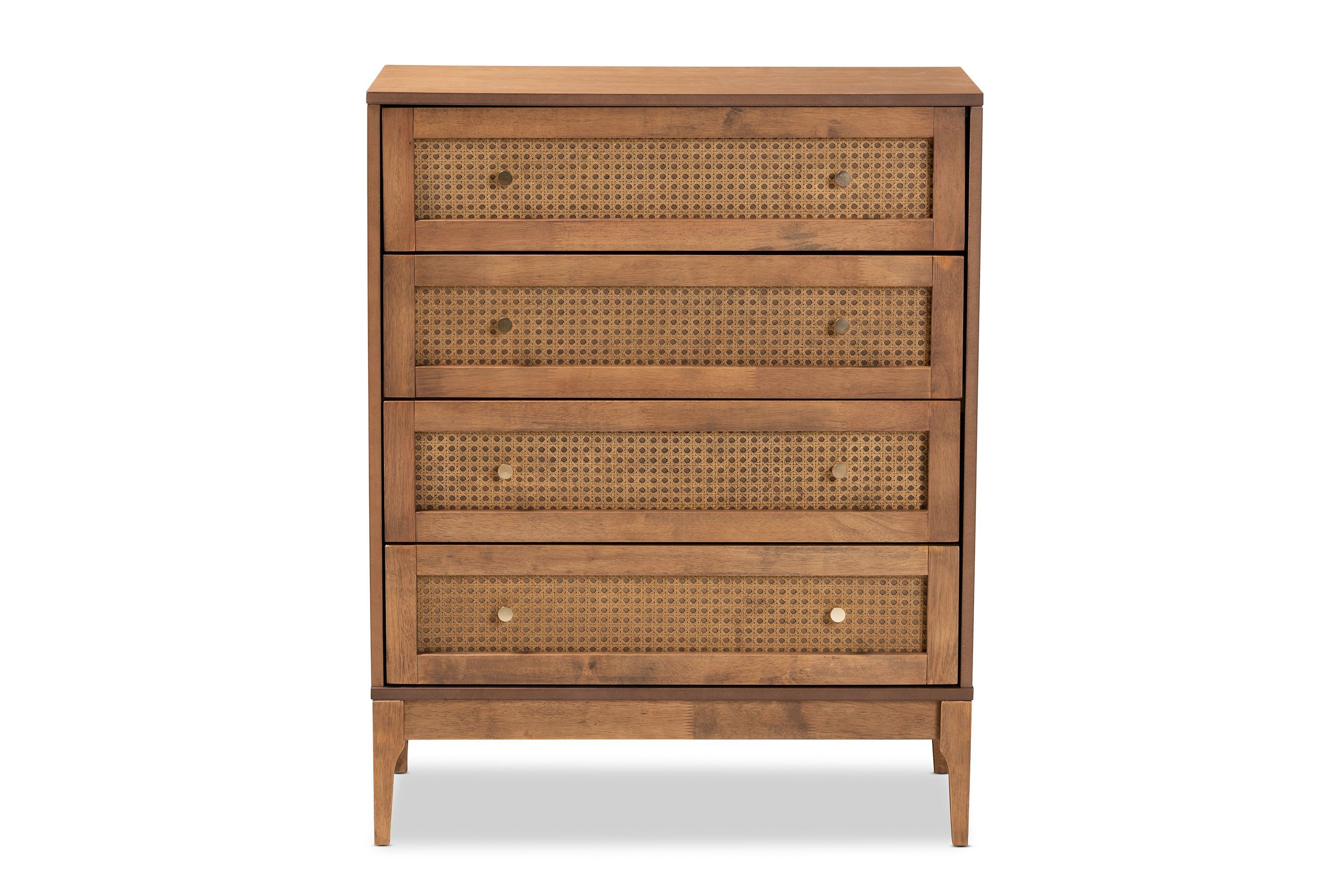 Ramiel Mid-Century Modern Ash Walnut Finished Wood and Rattan 4-Drawer Chest