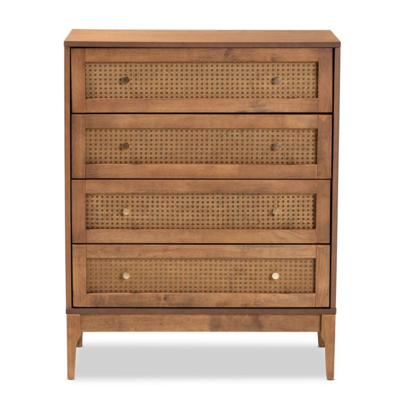 Ramiel Mid-Century Modern Ash Walnut Finished Wood and Rattan 4-Drawer Chest