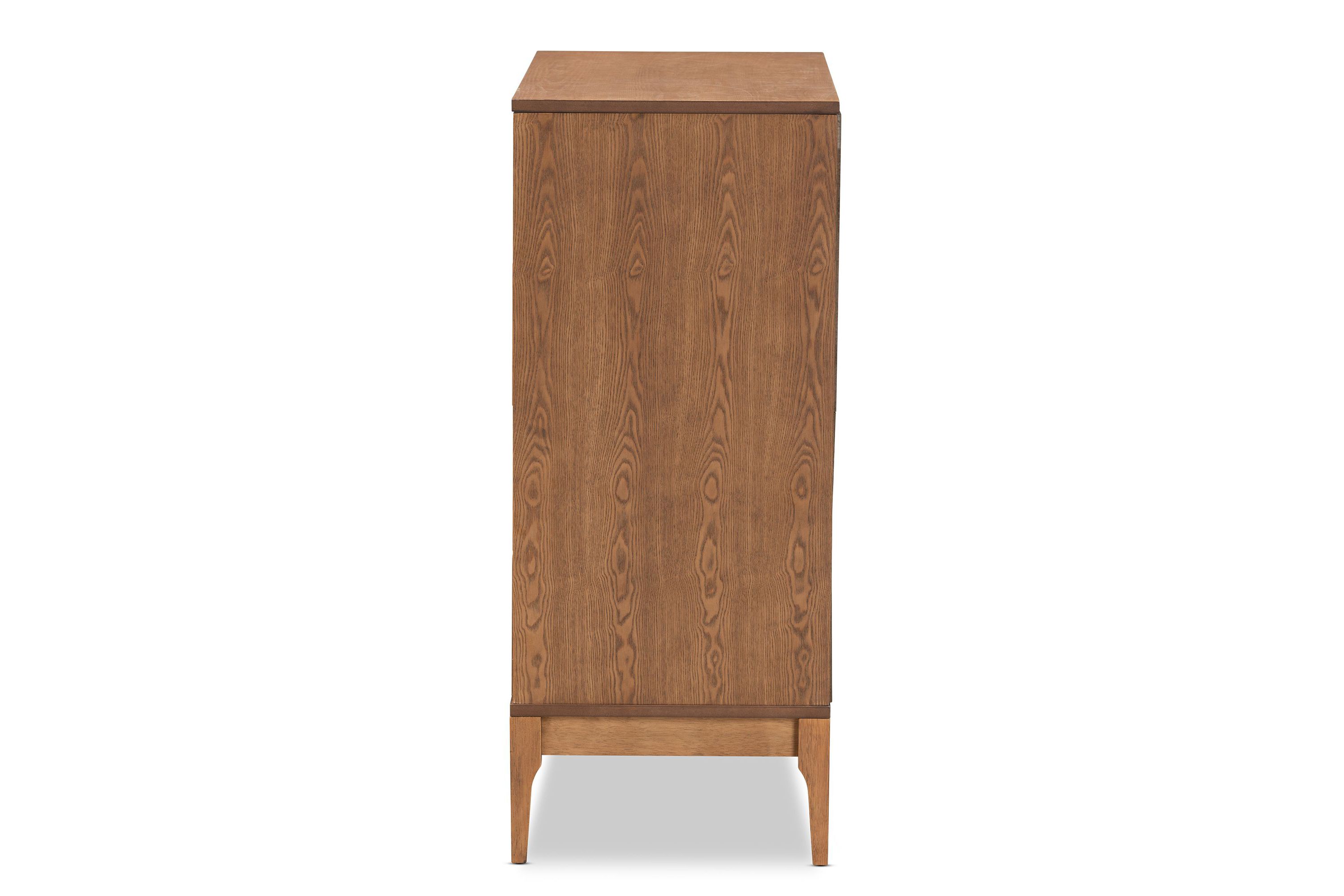 Ramiel Mid-Century Modern Ash Walnut Finished Wood and Rattan 4-Drawer Chest