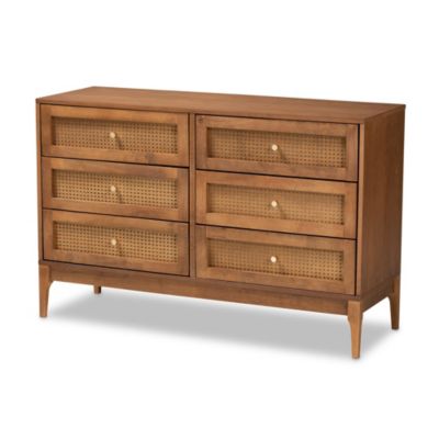 Ramiel Mid-Century Modern Ash Walnut Finished Wood and Rattan 6-Drawer Dresser