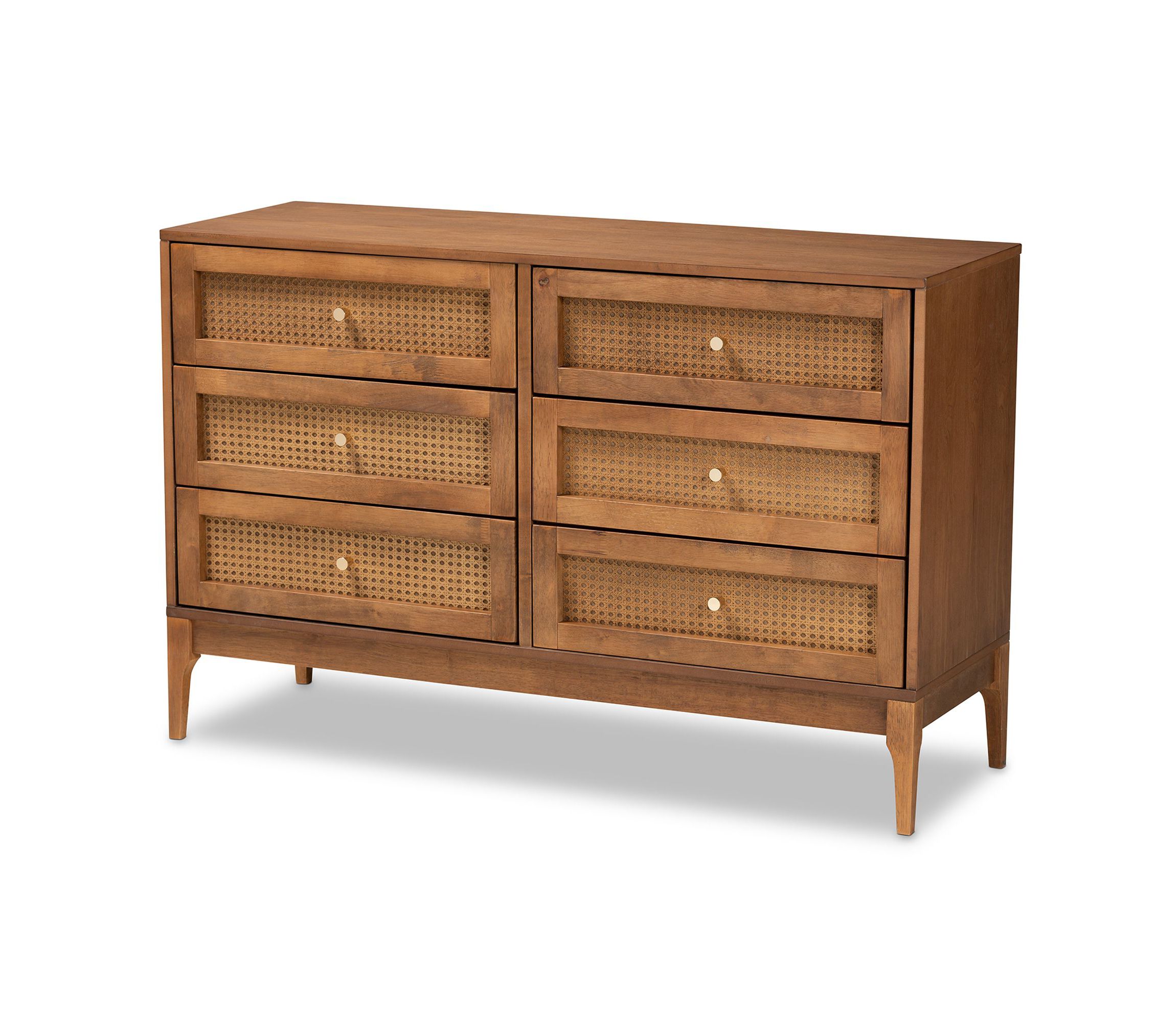 Ramiel Mid-Century Modern Ash Walnut Finished Wood and Rattan 6-Drawer Dresser