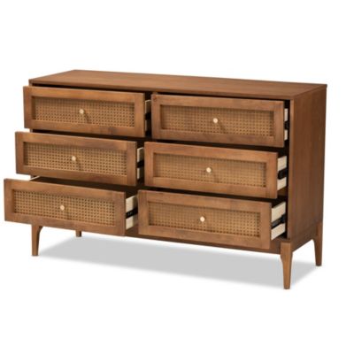 Ramiel Mid-Century Modern Ash Walnut Finished Wood and Rattan 6-Drawer Dresser