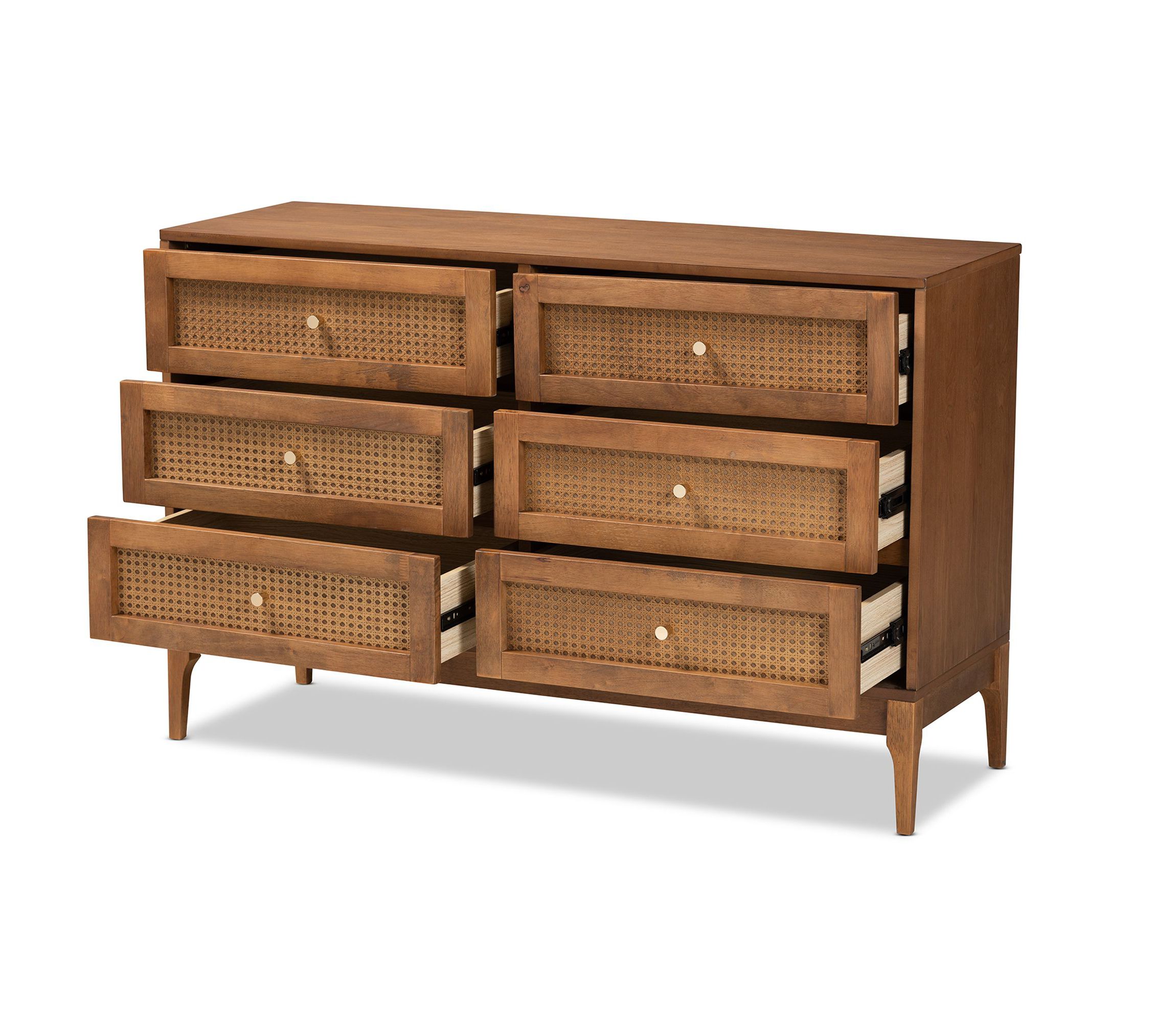 Ramiel Mid-Century Modern Ash Walnut Finished Wood and Rattan 6-Drawer Dresser
