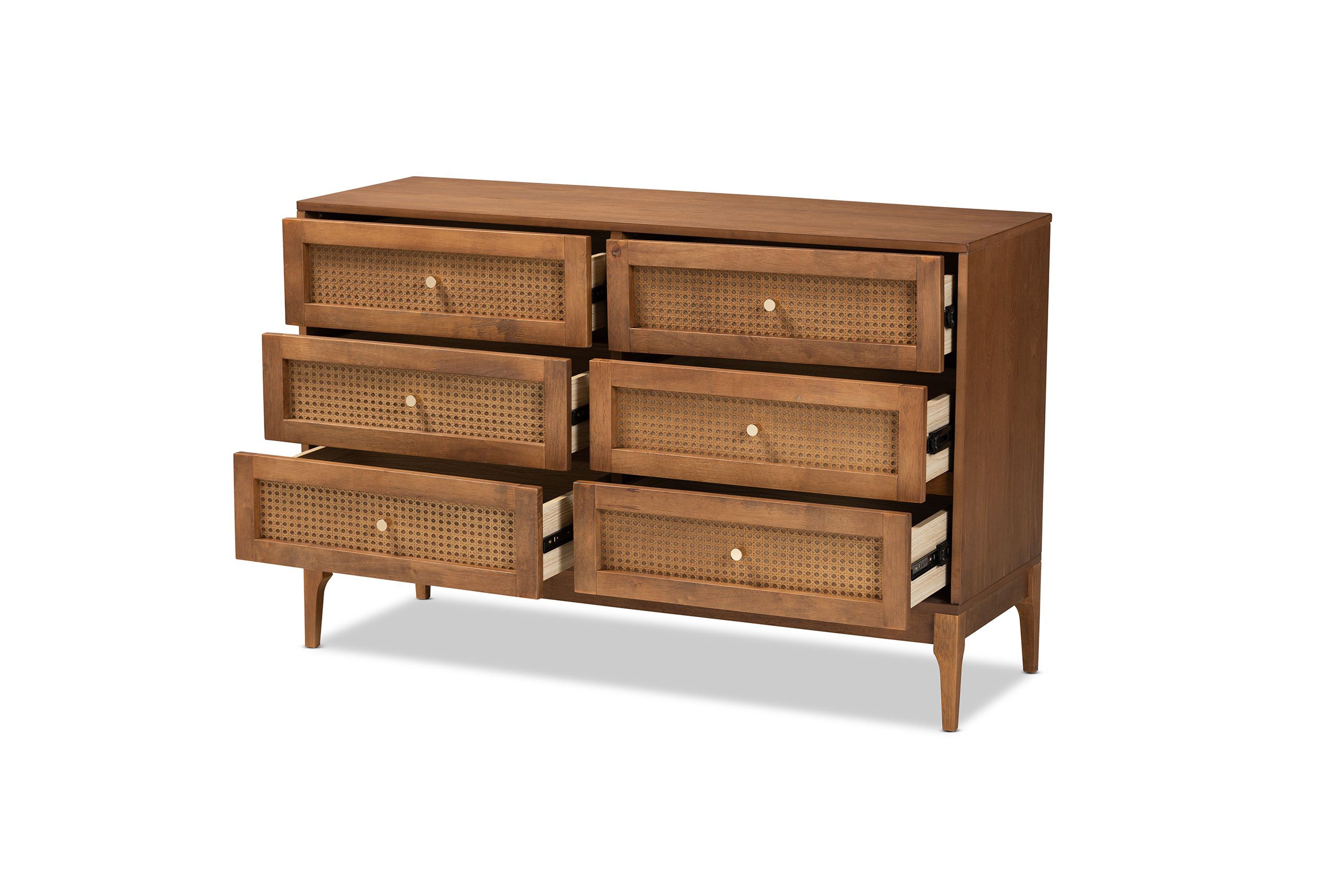 Ramiel Mid-Century Modern Ash Walnut Finished Wood and Rattan 6-Drawer Dresser