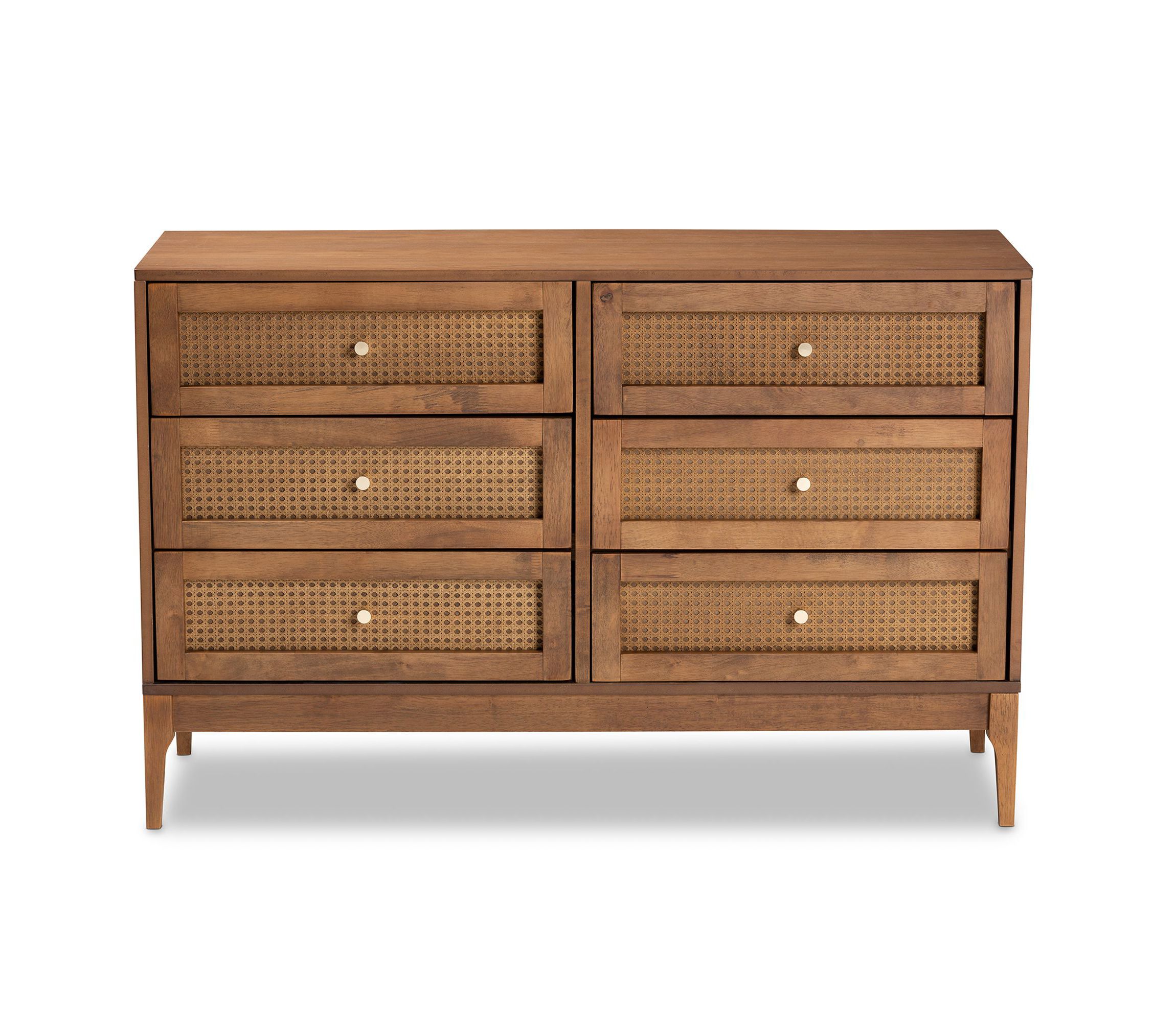 Ramiel Mid-Century Modern Ash Walnut Finished Wood and Rattan 6-Drawer Dresser