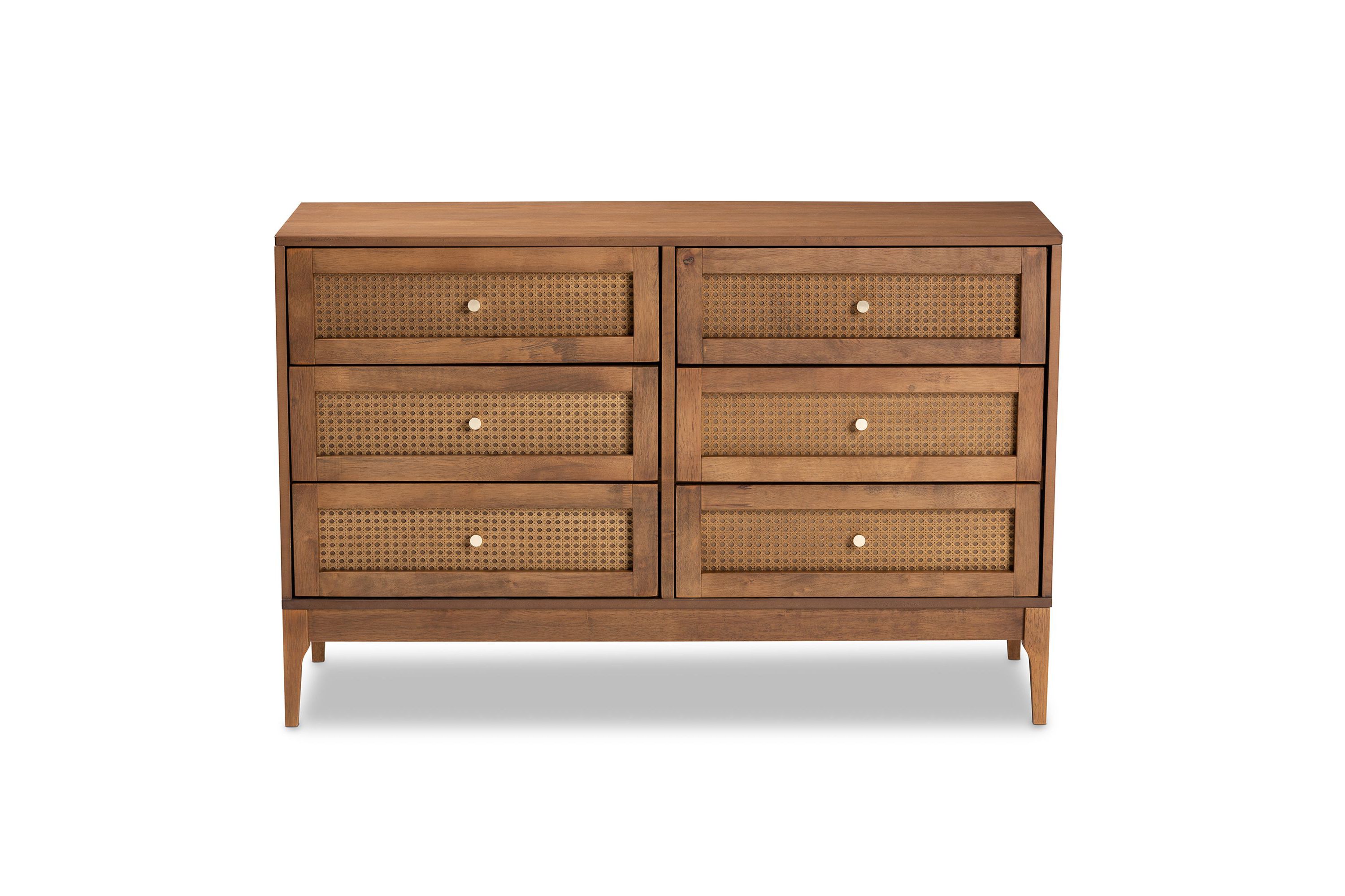 Ramiel Mid-Century Modern Ash Walnut Finished Wood and Rattan 6-Drawer Dresser