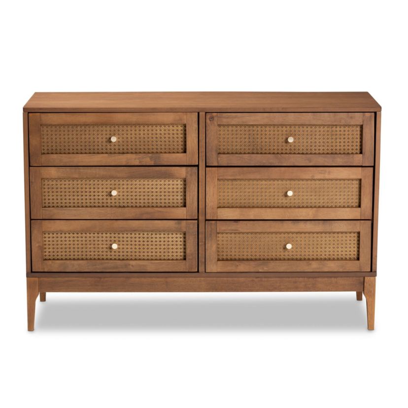Ramiel Mid-Century Modern Ash Walnut Finished Wood and Rattan 6-Drawer Dresser