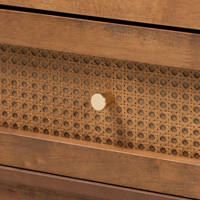 Ramiel Mid-Century Modern Ash Walnut Finished Wood and Rattan 6-Drawer Dresser