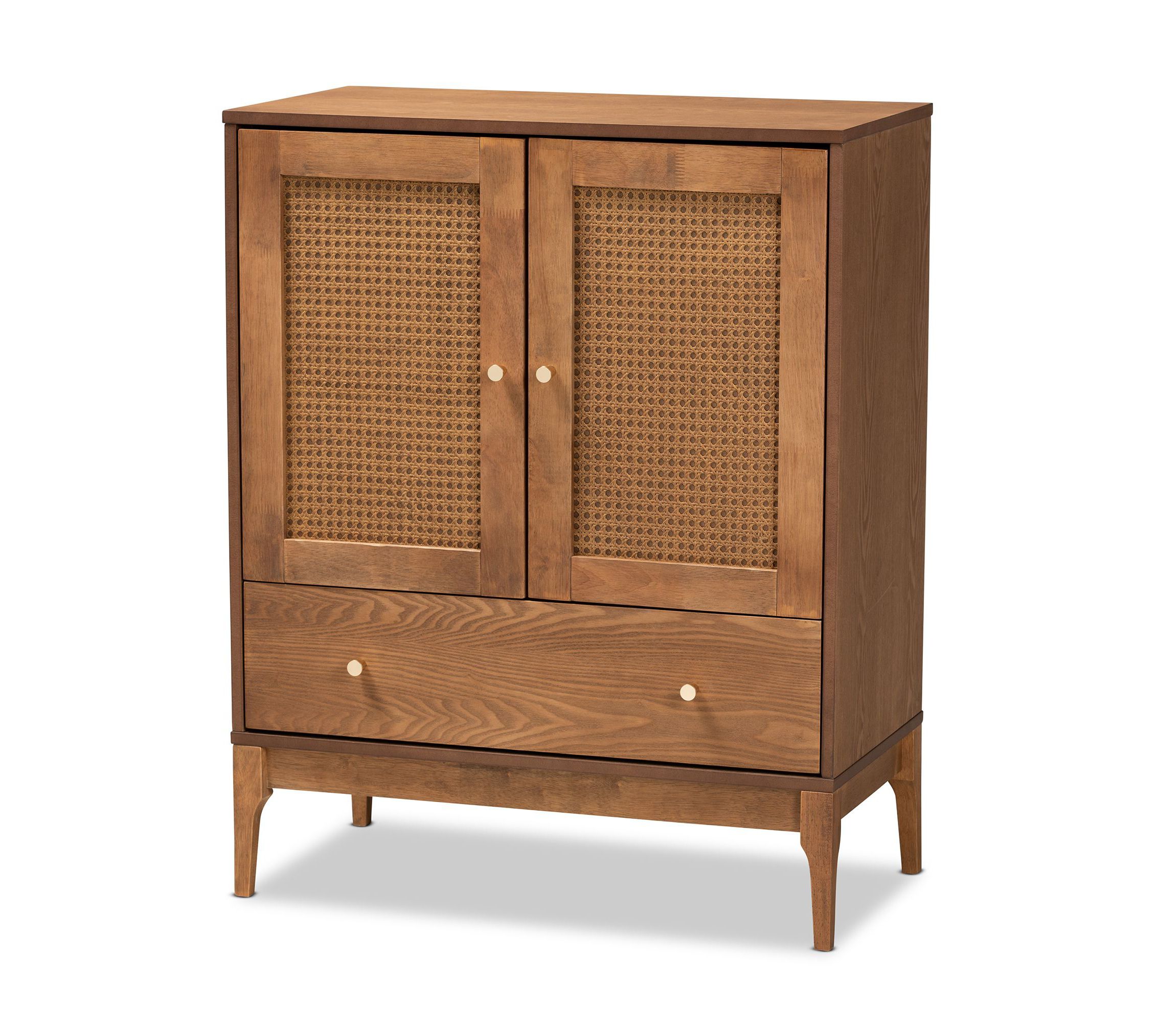 Ramiel Mid-Century Modern Ash Walnut Finished Wood and Rattan 1-Drawer Sideboard