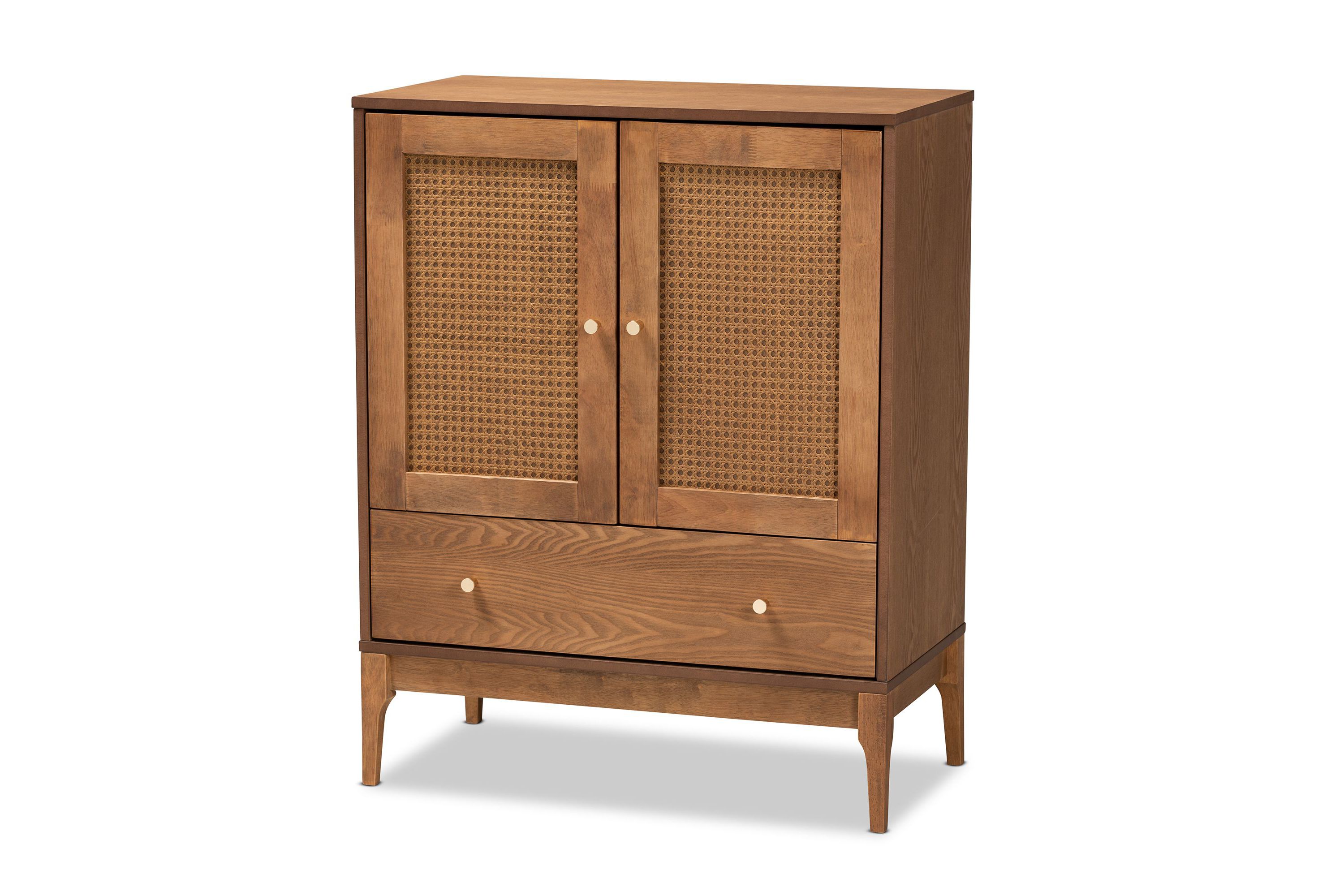 Ramiel Mid-Century Modern Ash Walnut Finished Wood and Rattan 1-Drawer Sideboard