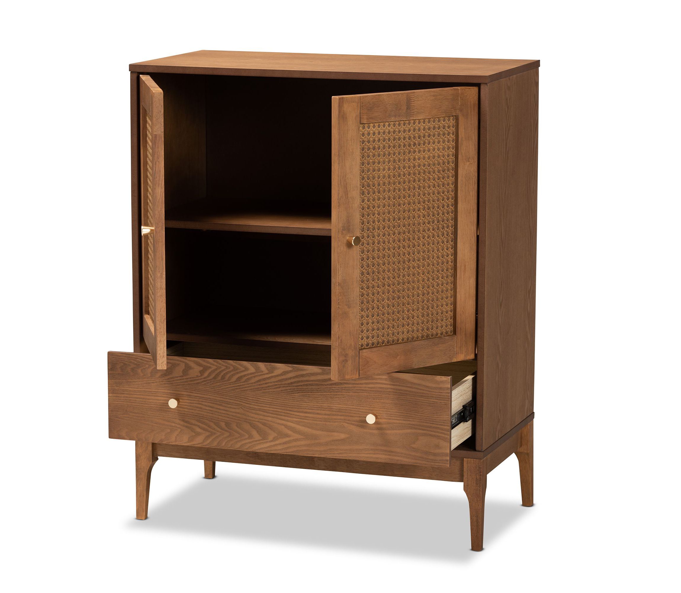 Ramiel Mid-Century Modern Ash Walnut Finished Wood and Rattan 1-Drawer Sideboard