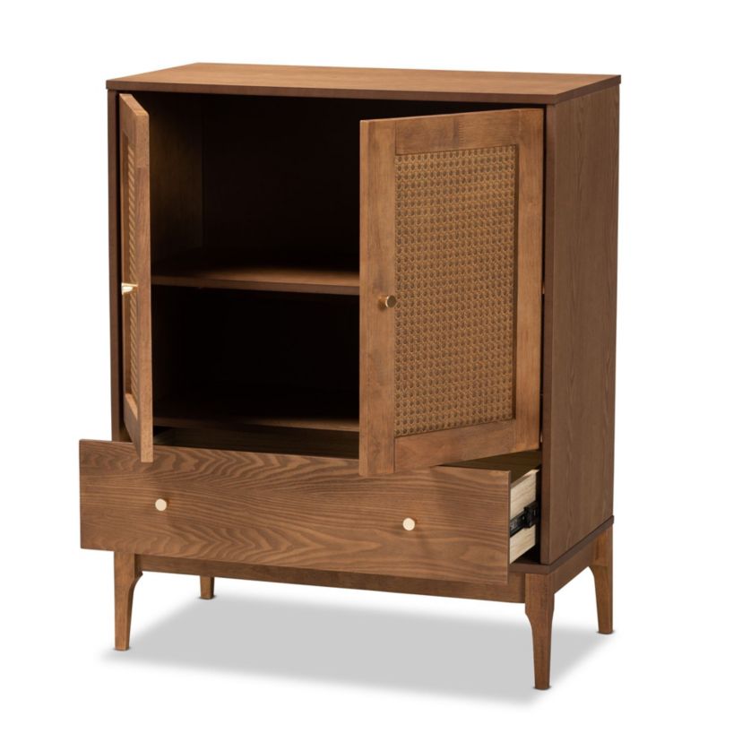 Ramiel Mid-Century Modern Ash Walnut Finished Wood and Rattan 1-Drawer Sideboard