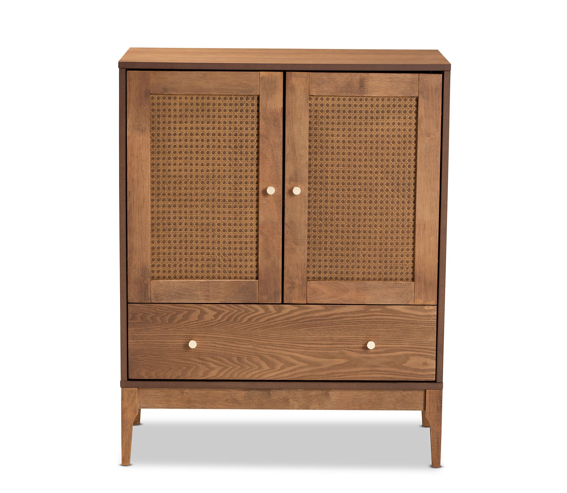 Ramiel Mid-Century Modern Ash Walnut Finished Wood and Rattan 1-Drawer Sideboard