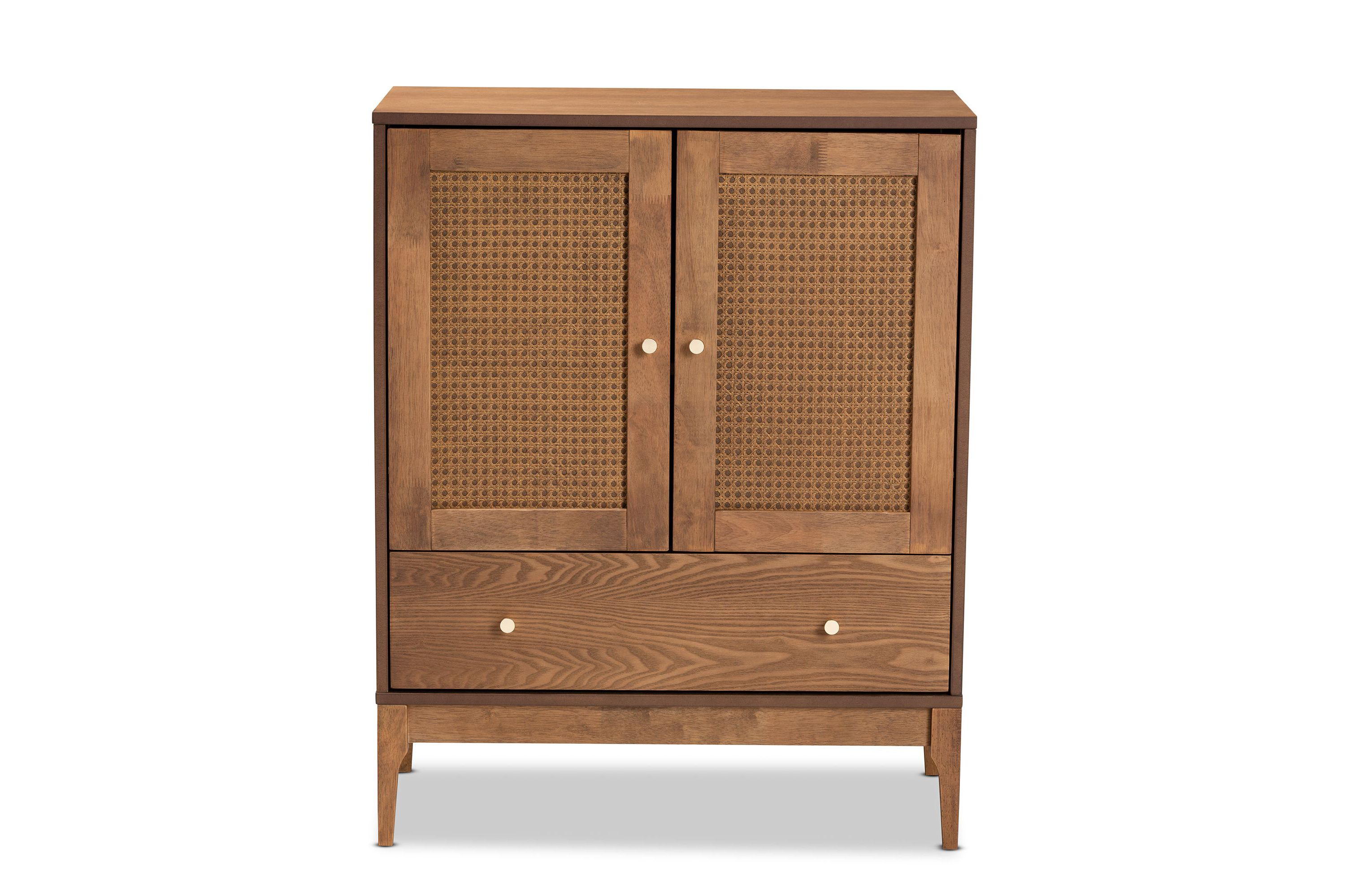 Ramiel Mid-Century Modern Ash Walnut Finished Wood and Rattan 1-Drawer Sideboard