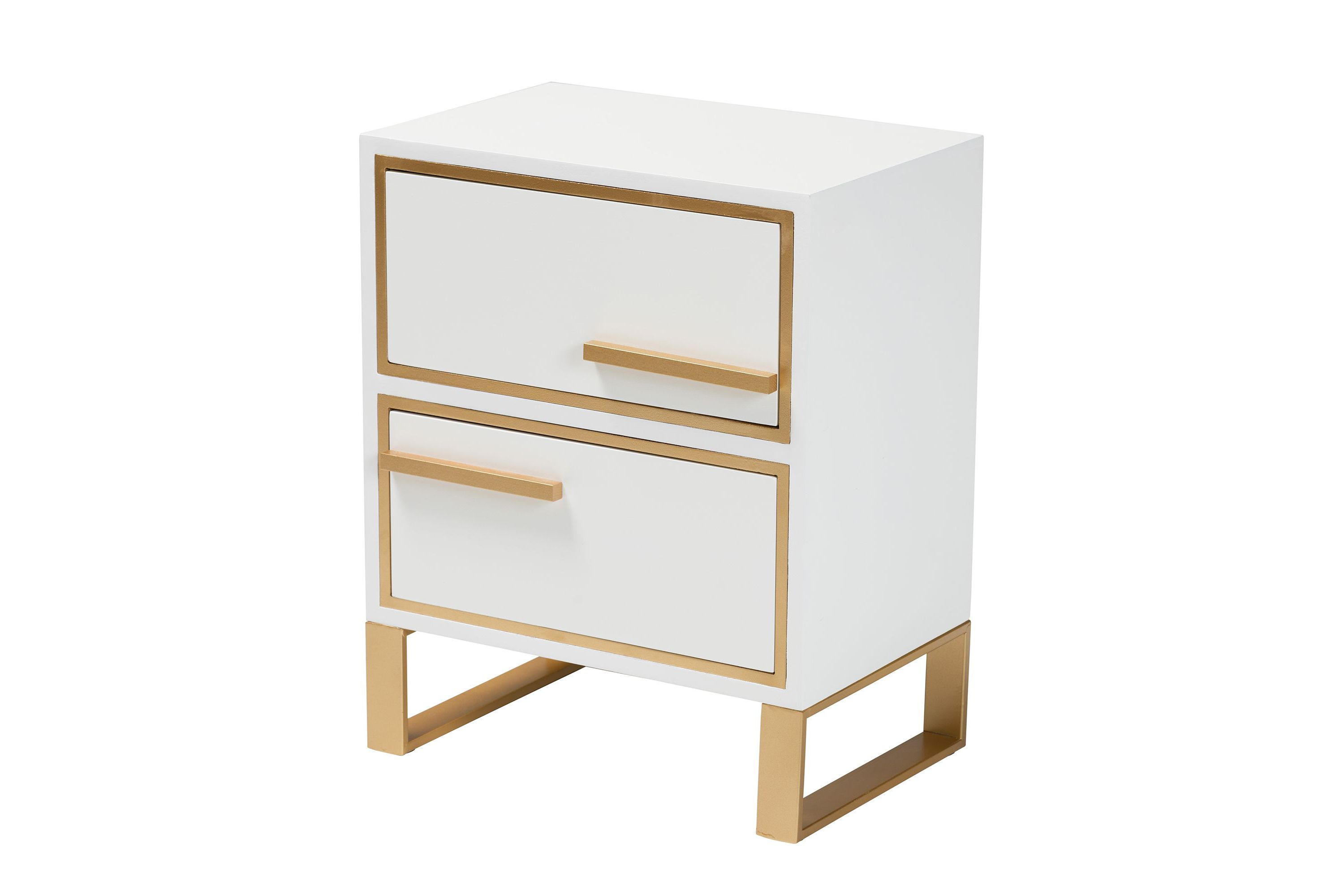 Giolla Contemporary Glam and Luxe White Finished Wood and Gold Metal 2-Drawer End Table