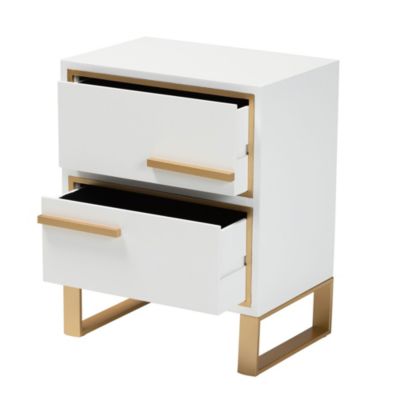 Giolla Contemporary Glam and Luxe White Finished Wood and Gold Metal 2-Drawer End Table