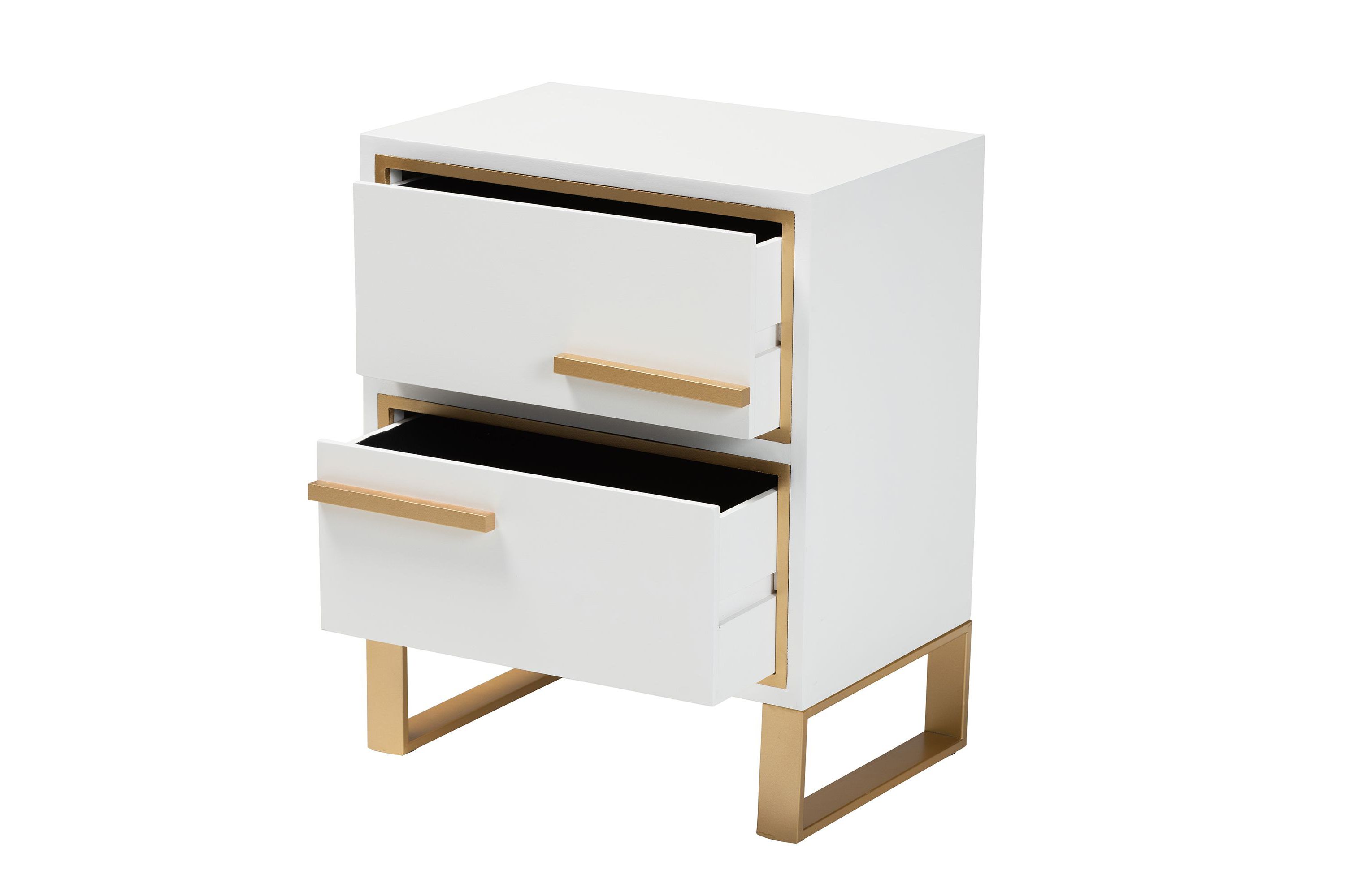 Giolla Contemporary Glam and Luxe White Finished Wood and Gold Metal 2-Drawer End Table