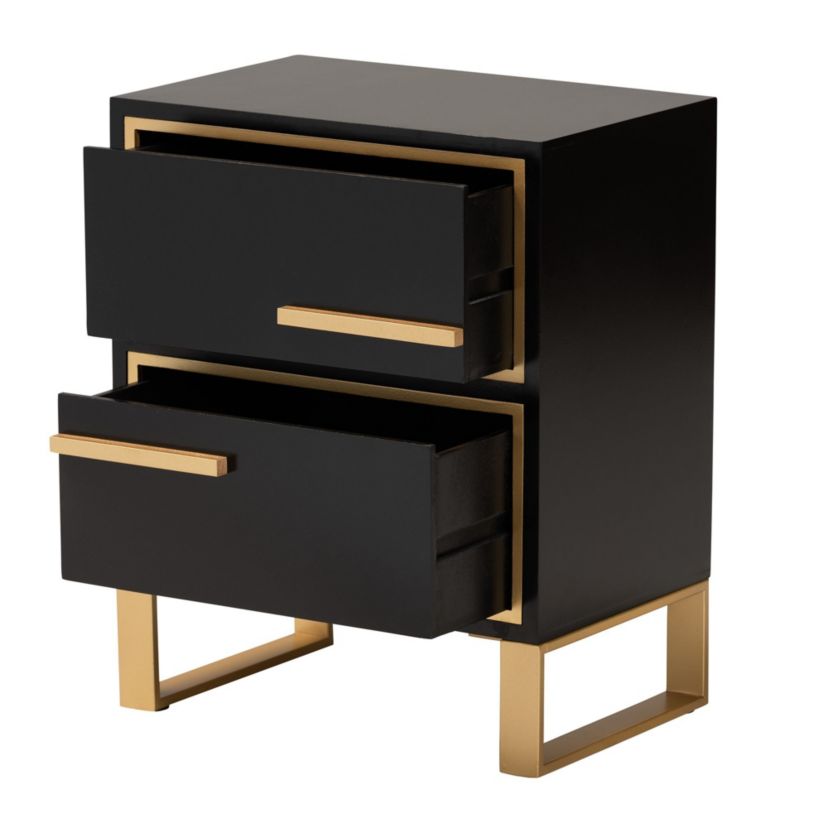 Giolla Contemporary Glam and Luxe Black Finished Wood and Gold Metal 2-Drawer End Table