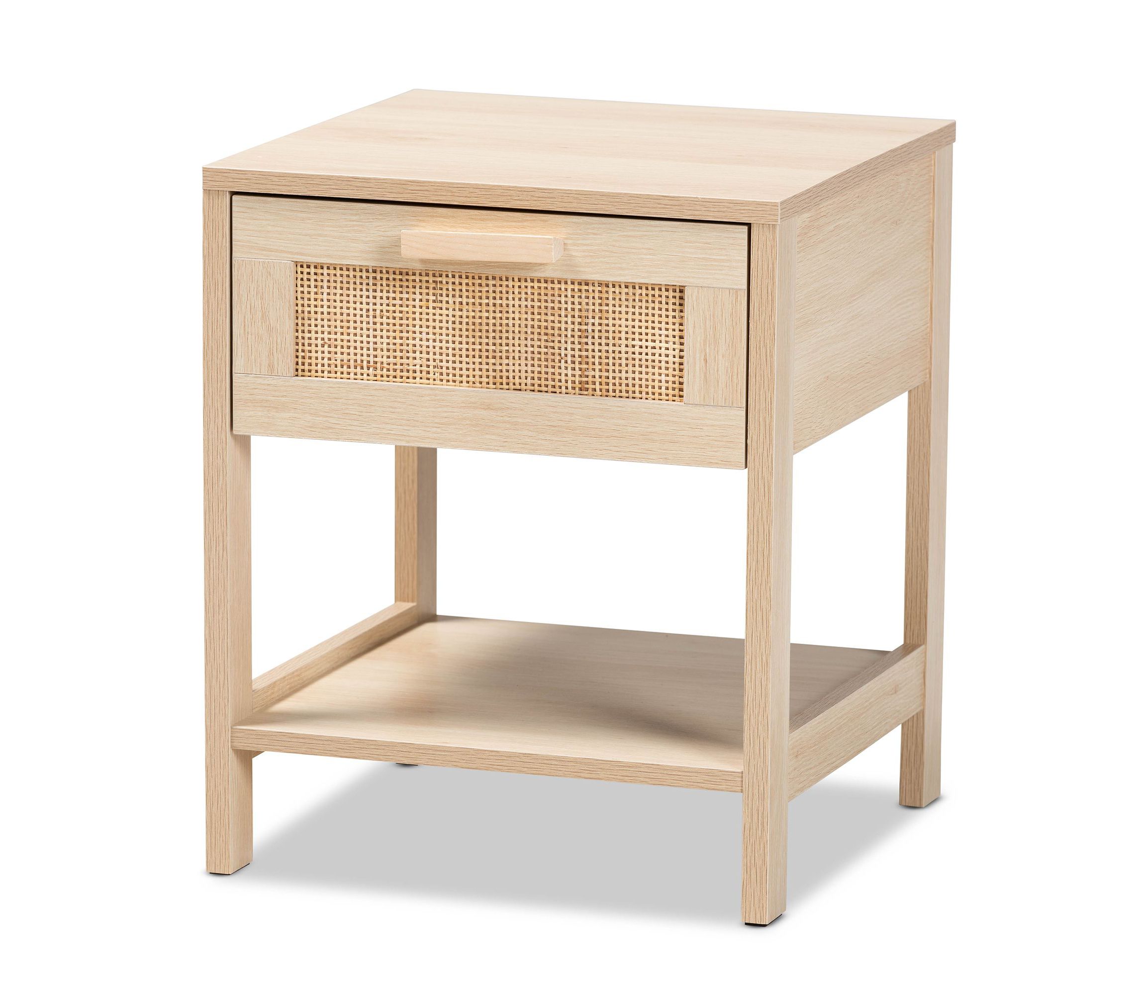 Sebille Mid-Century Modern Light Brown Finished Wood 1-Drawer End Table with Natural Rattan