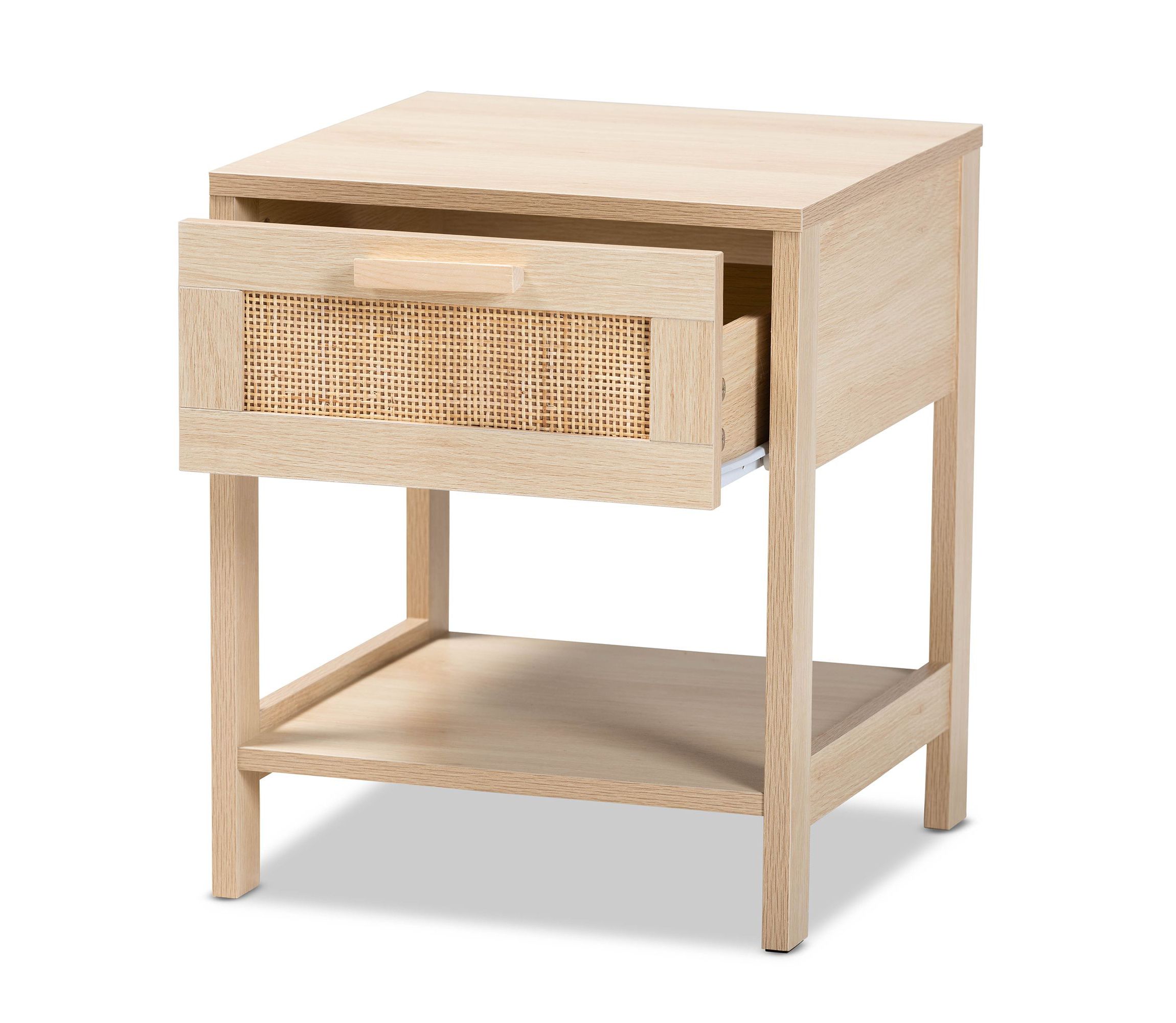 Sebille Mid-Century Modern Light Brown Finished Wood 1-Drawer End Table with Natural Rattan