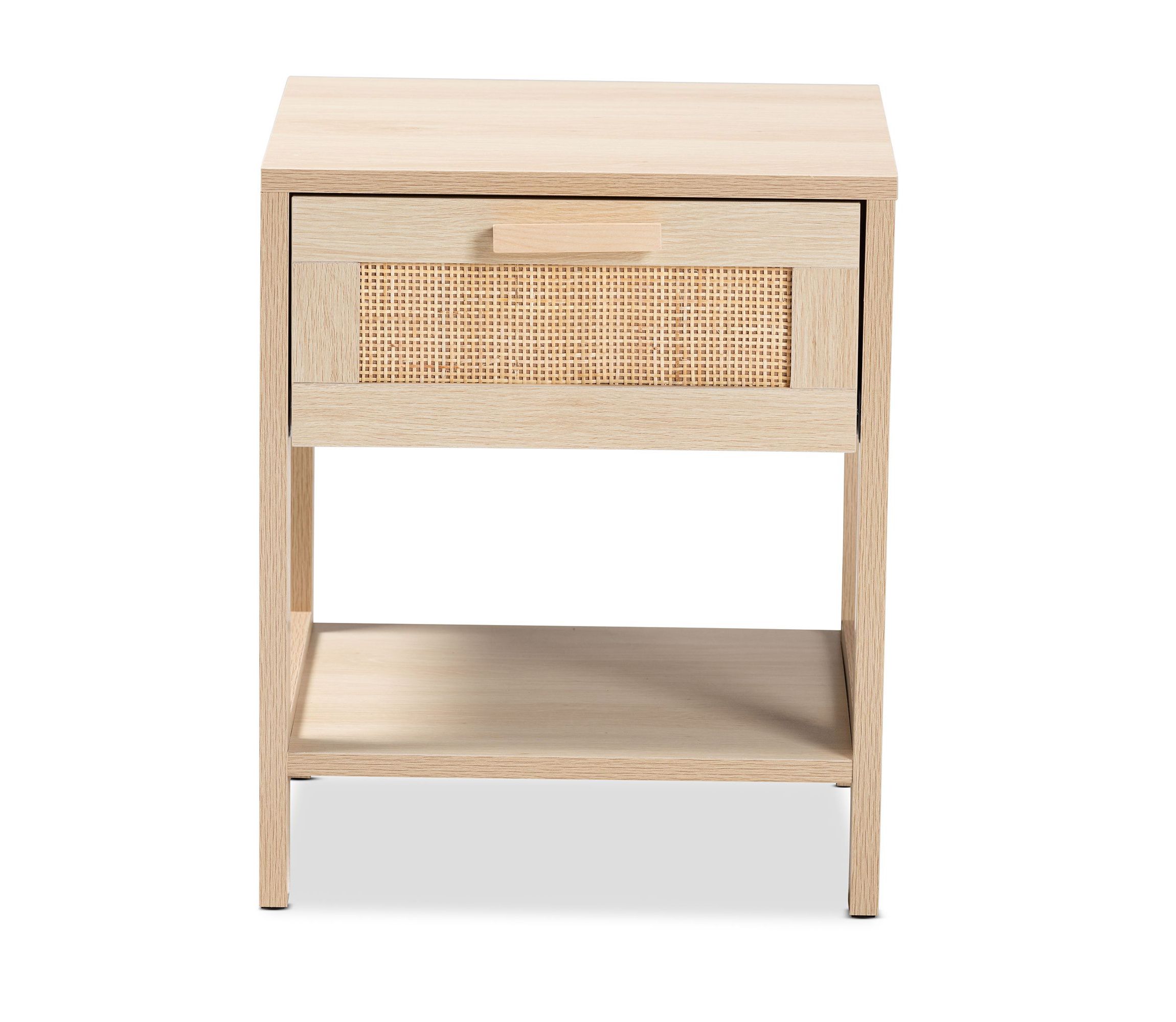 Sebille Mid-Century Modern Light Brown Finished Wood 1-Drawer End Table with Natural Rattan