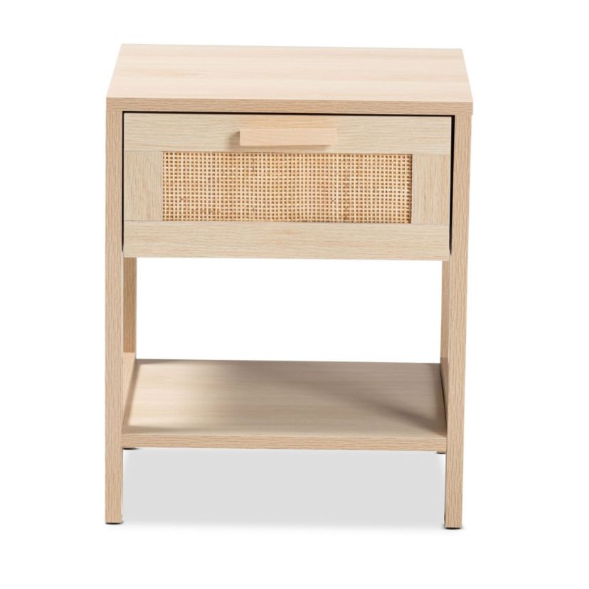 Sebille Mid-Century Modern Light Brown Finished Wood 1-Drawer End Table with Natural Rattan