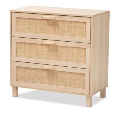 Sebille Mid-Century Modern Light Brown Finished Wood 3-Drawer Storage Cabinet with Natural Rattan