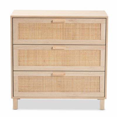 Sebille Mid-Century Modern Light Brown Finished Wood 3-Drawer Storage Cabinet with Natural Rattan